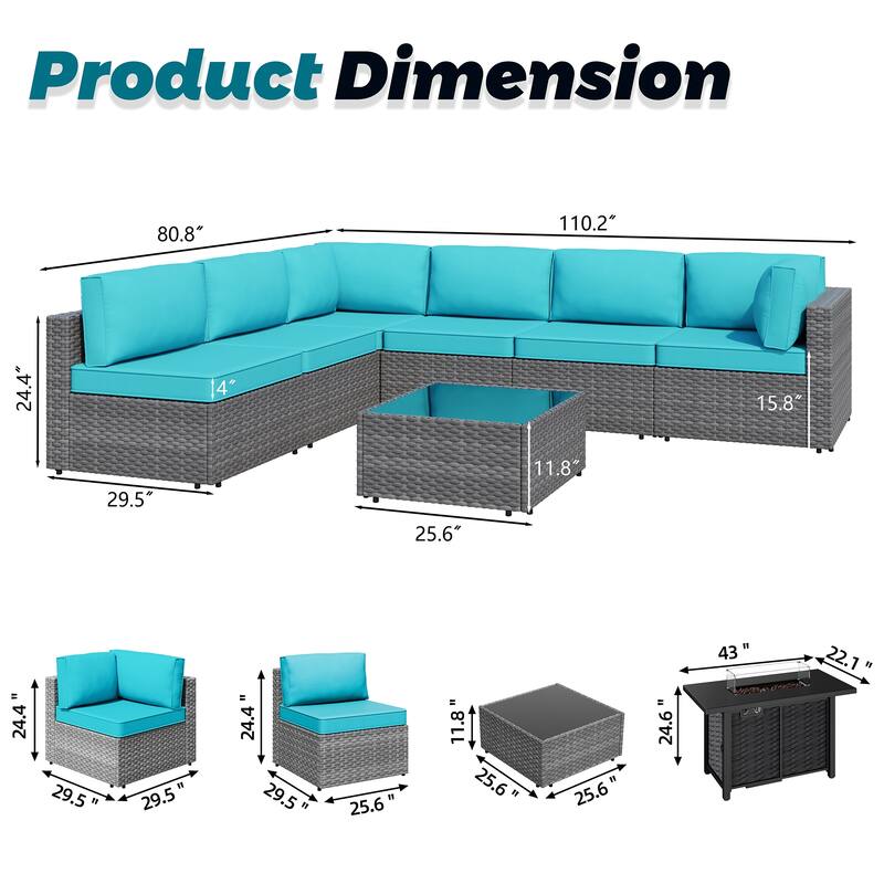 8-Piece Outdoor Patio Wicker Conversation Set with Fire Pit Table, Sectional Sofa & Cushions - N/A