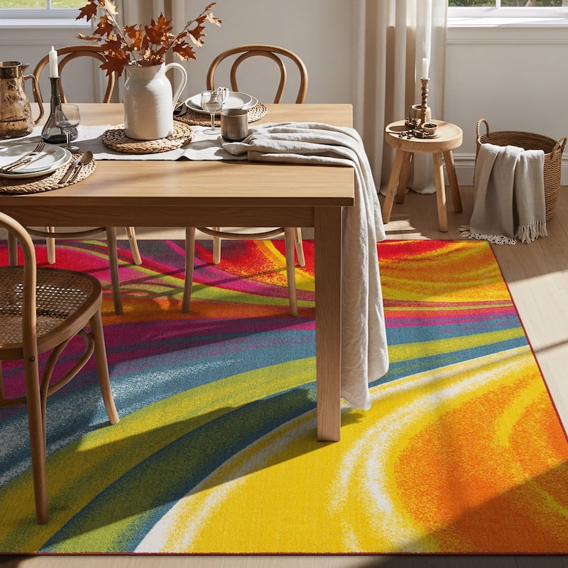 World Rug Gallery Modern Contemporary Waves Multicolored Non-slip Non-skid Area Rug
