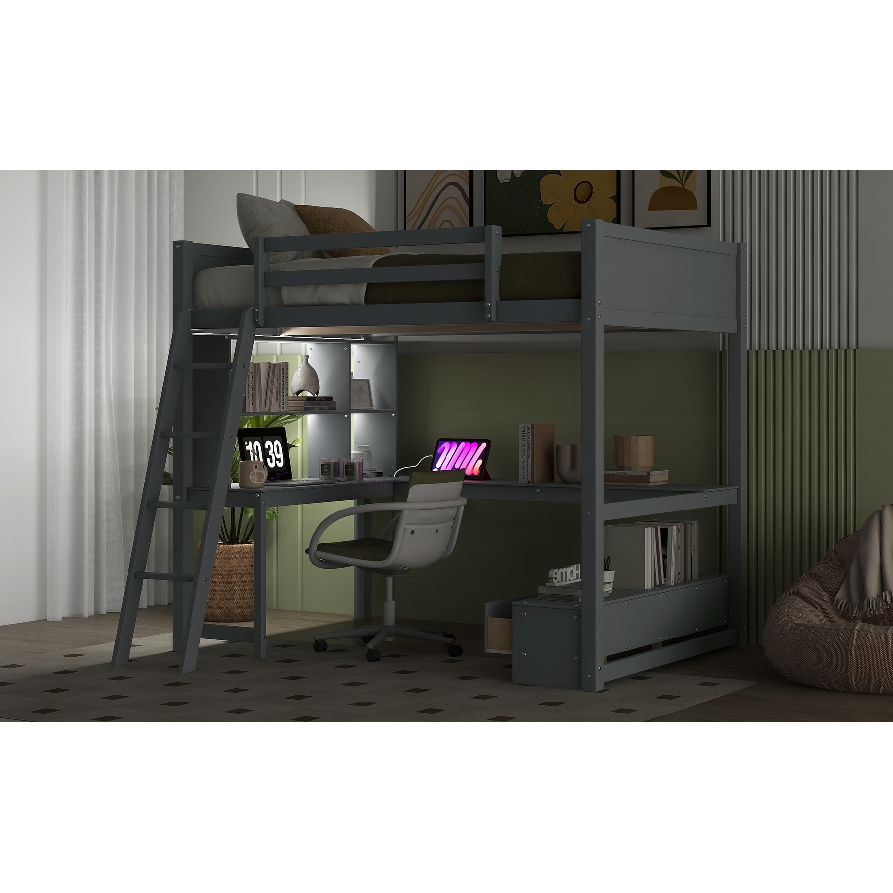 Full Size Loft Bed with L-shaped Multi-storage Desk, LED light and