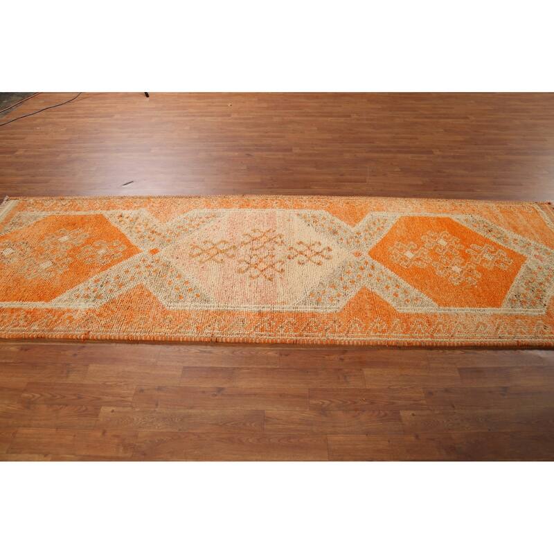 Orange Oushak Vintage Runner Rug Handmade Oriental Wool Carpet - 3'6"x 10'4"