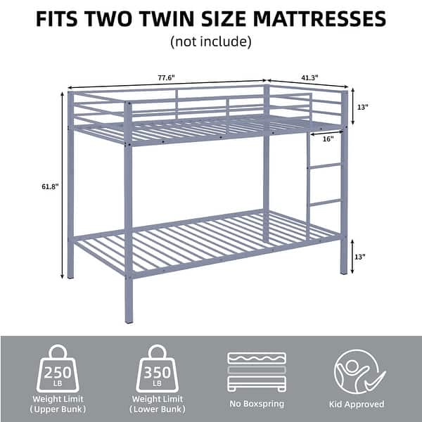 dimension image slide 1 of 3, Twin Over Twin Metal Bunk Bed, Low Profile, Ladder, High Guardrail