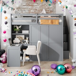 Grey Modern Wooden Full Size Bunk Bed with Wardrobe Rack,Desk and Shelves