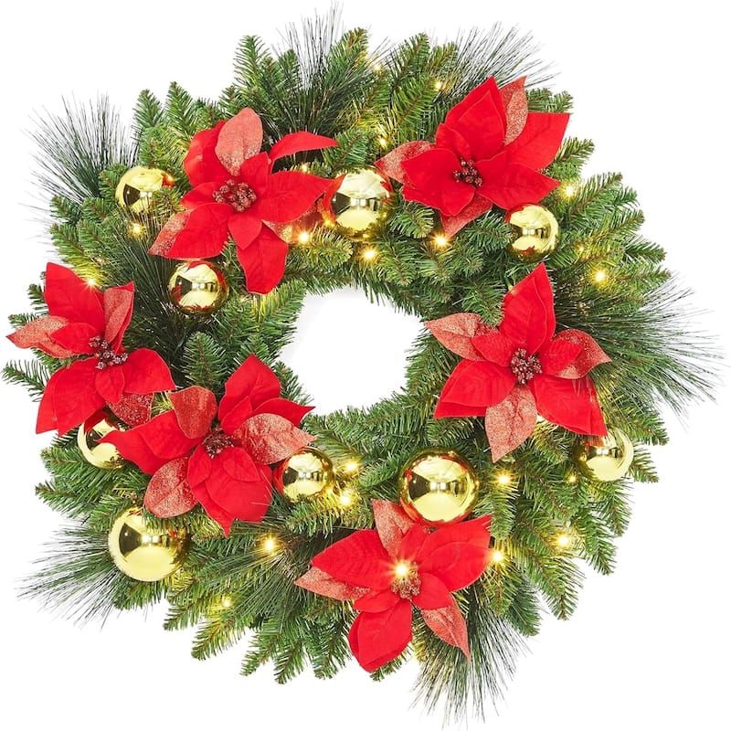 24 Inch Christmas Wreath Set of 6 with Pre-Lit Warm White LED Lights Battery Operated - N/A