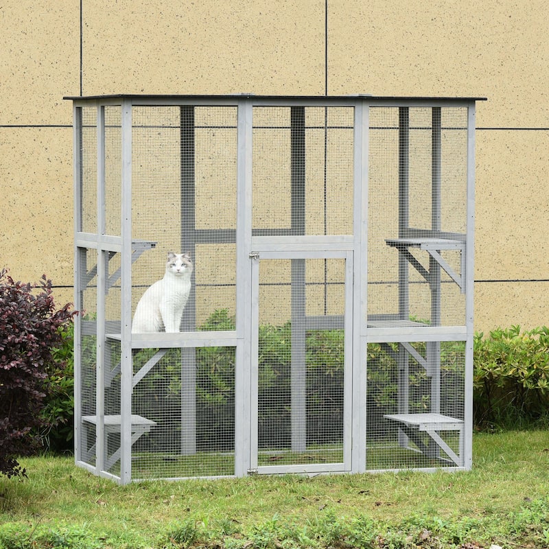 PawHut Large Wooden Outdoor Cat House Catio Enclosure - grey