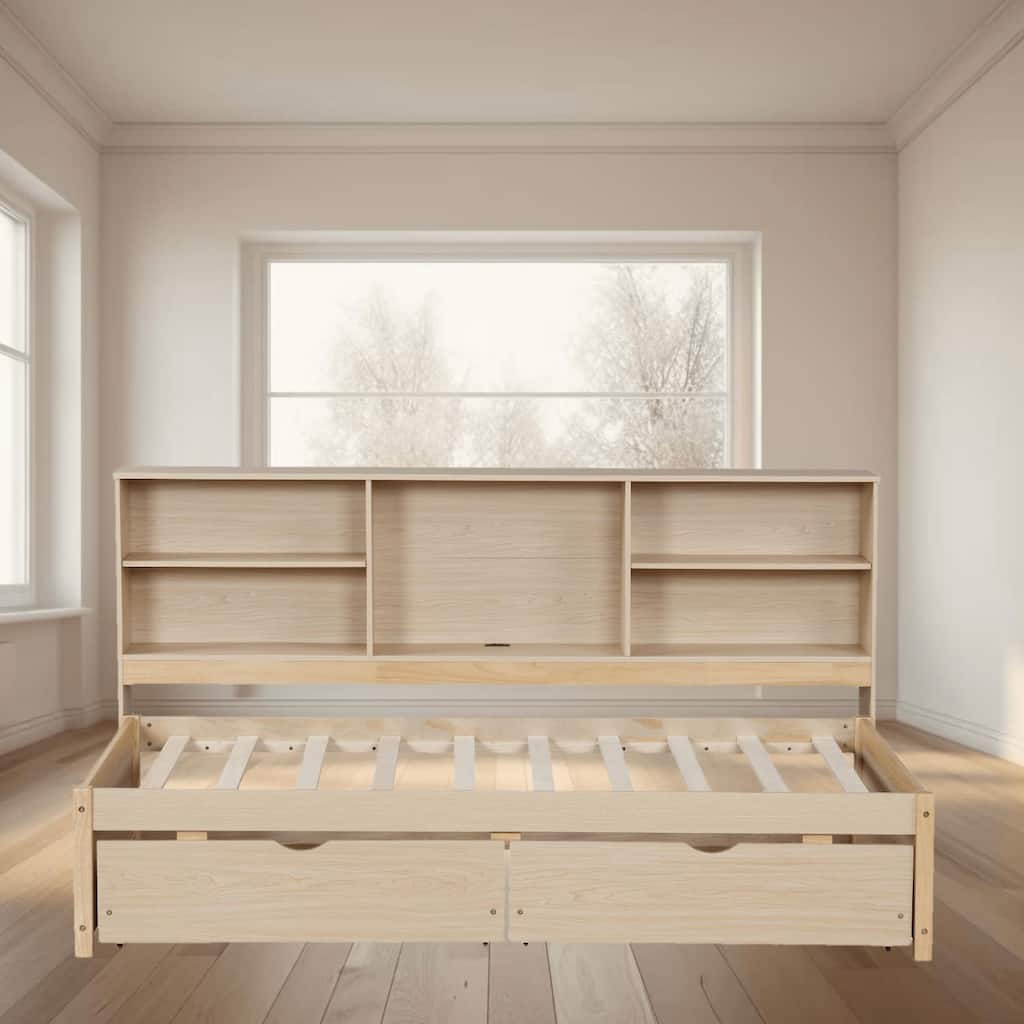 Twin Size Bed Frame with Adjustable Side Bookshelves, Storage Drawers, and Built-in USB Charging Port for Bedroom Organization