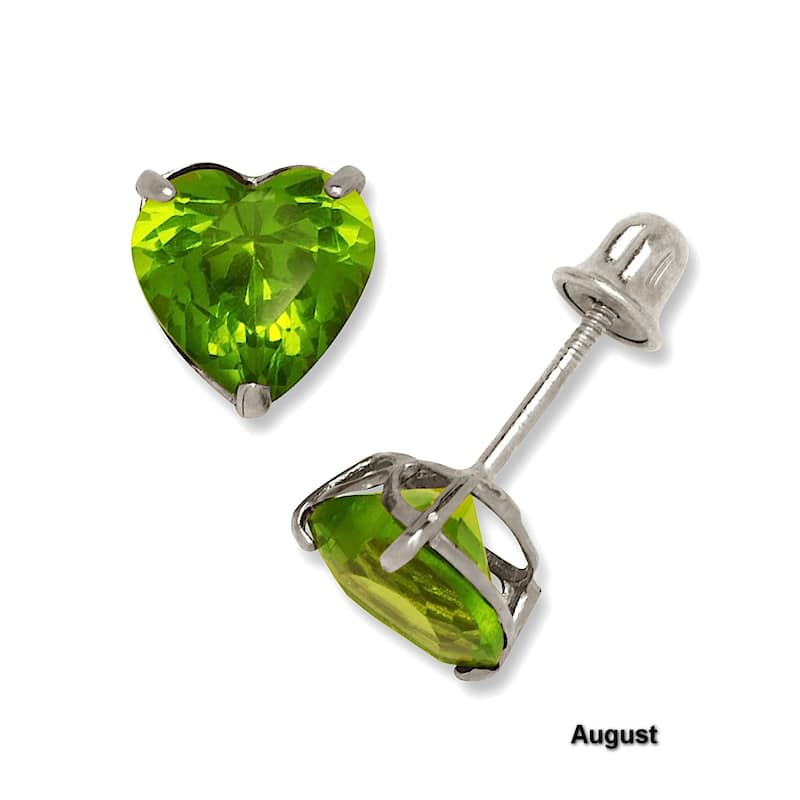 14K White Gold 6mm Heart-shaped Cubic Zircornia Birthstone Basket-Set Solitaire Screw-back Stud Earrings (12 colors)