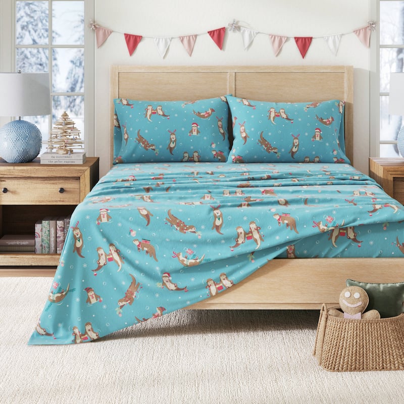 Linery & Co. Christmas Turkish Cotton Double-Brushed Flannel Bed Sheet Set - King - Otters In Snow