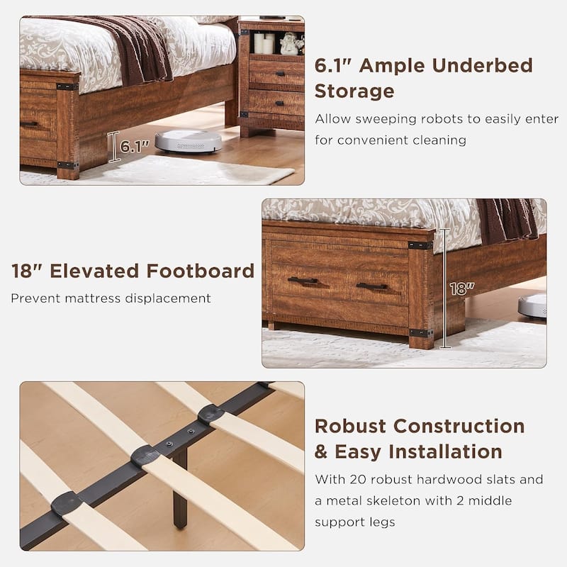 Farmhouse Wood Bed Frame with 54" Tall Headboard, 2 Large Drawers