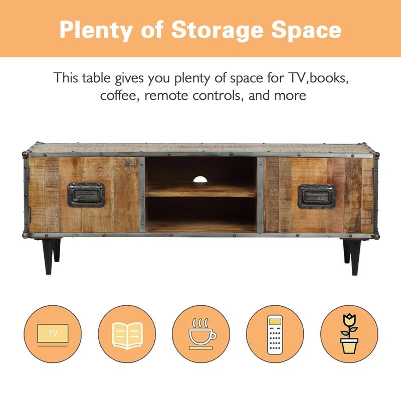 ExBrite Solid Wood Media Console 2 Doors Back Black Metal Legs for TV Table Bench Stand,Rich Rustic Oak Finish