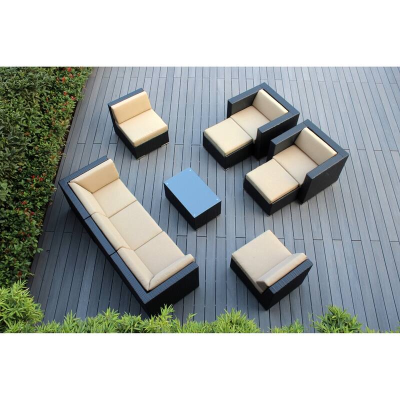 Ohana Black Wicker Outdoor 10-piece Conversation Set - No Assembly - Sunbrella Antique Beige