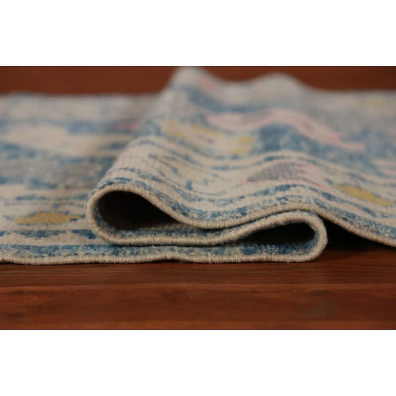 Hand Knotted Oriental 100% Wool Carpet Transitional Geometric Navy Blue & Blues Oushak Runner Rug - 13' 10'' X 3' 2''