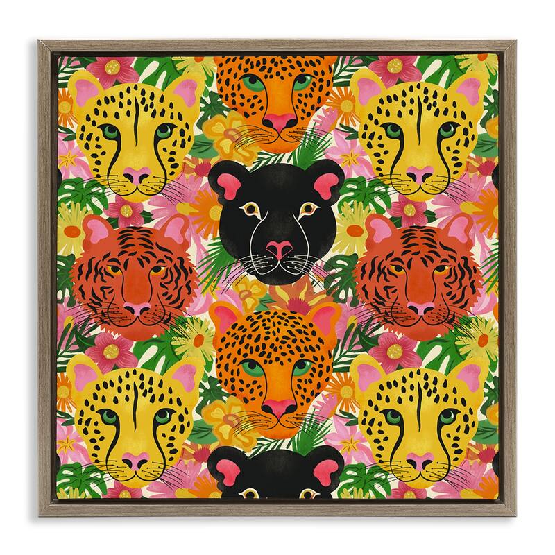 Stupell Jungle Cats Wildlife Pattern Framed Floater Canvas Wall Art Design By Carrie Cantwell - 25 x 25 - Brown