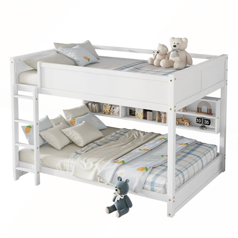 Queen Over Queen Bunk Bed with Built-in Storage Cabinets and Charging Station