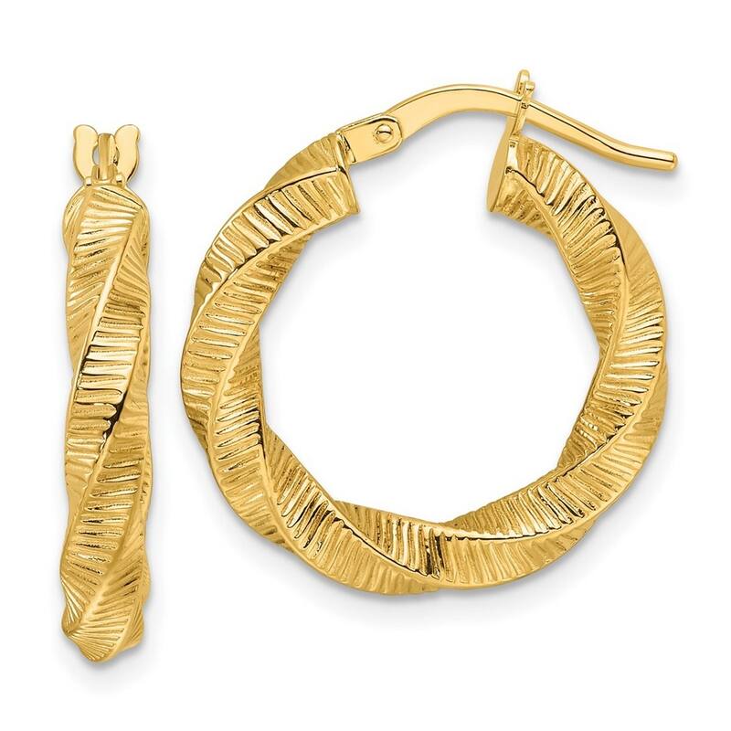 Curata 14k Yellow Gold Polished Twisted and Textured Round Hoop Earrings - 17x20.5mm