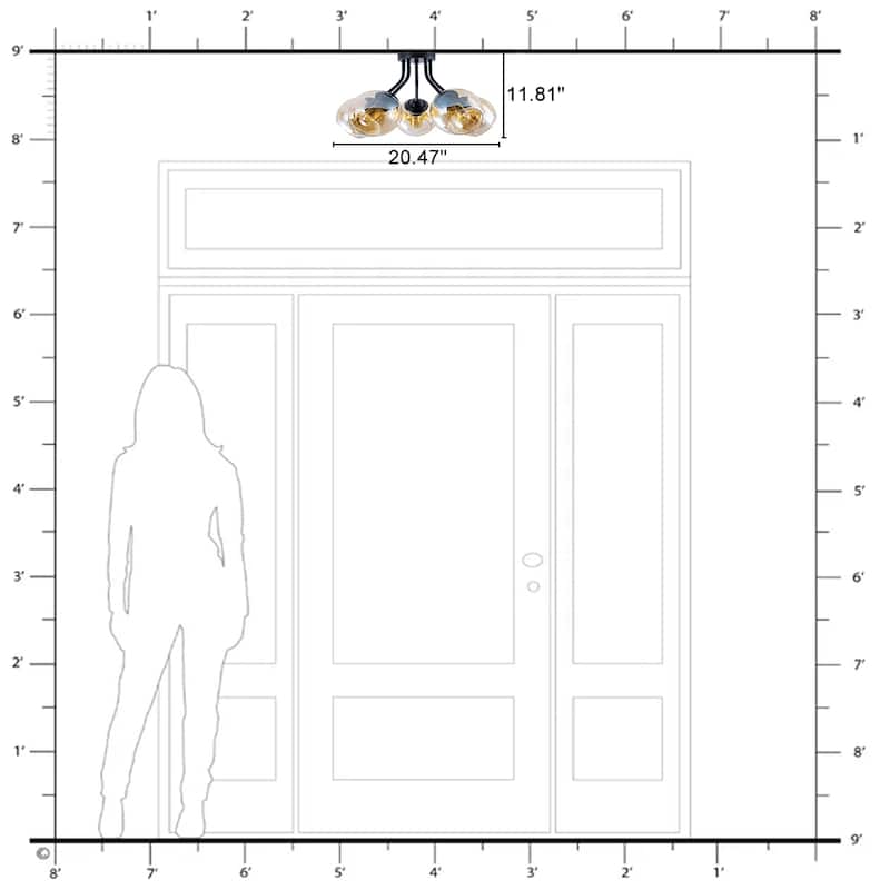 5 Lights Semi-Flush Mount Ceiling Light with Amber Glass Shade Sputnik - Dia.20.47-in