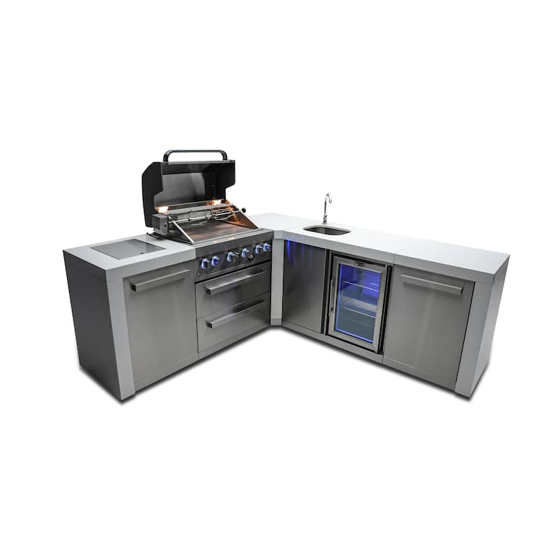 Mont Alpi MAi400-D90BEV 4-Burner L-Shaped 90° Corner Deluxe Stainless Steel Outdoor Kitchen Island Grill with Beverage Center - Silver