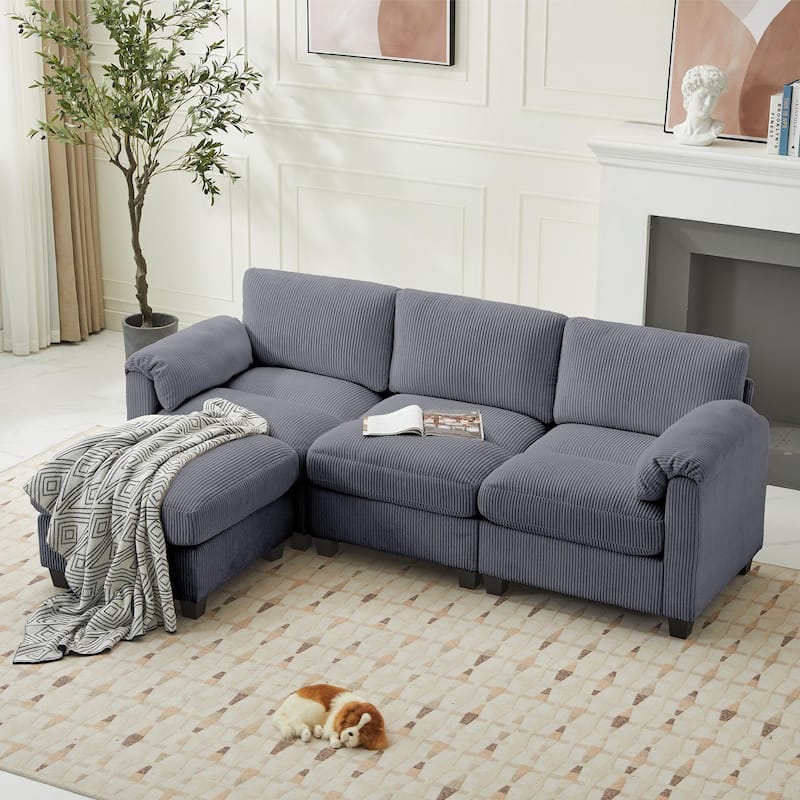 Corduroy Sectional Sofa with a Removable Ottoman, L-shaped Reversible 4-seat Modular Couch