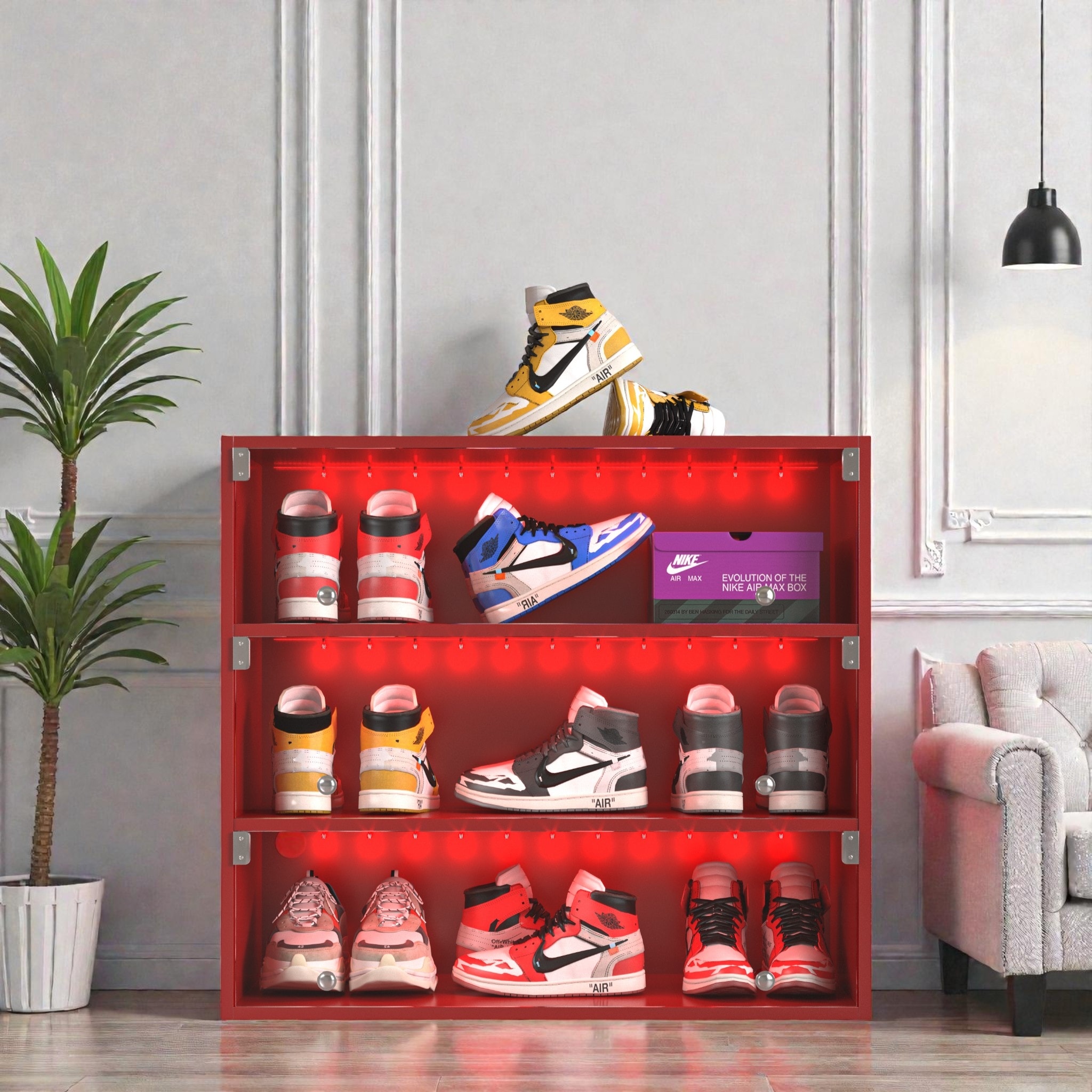Modern LED Light Shoe Display Box With Glass Doors 3 Layer Stackable Wooden Sneaker Storage Cabinet, Shoe Cabinet