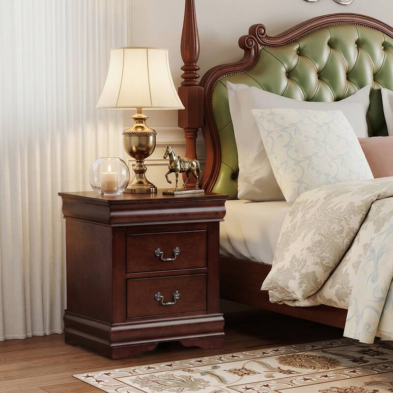Rossetta Transitional Antique Elegant Style 2-Drawer Nightstand with Solid Wood Legs and Smooth Glides