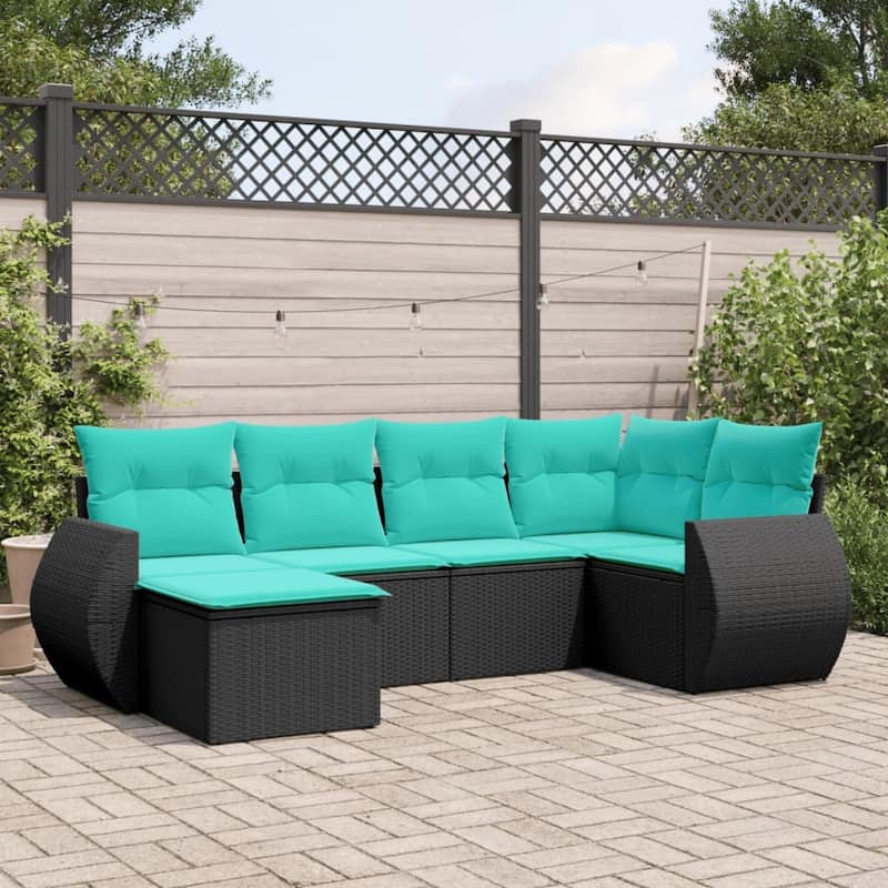 vidaXL 6 Piece Patio Sofa Set with Cushions Black Poly Rattan - 28 x 24.4 x 27.2-Without table