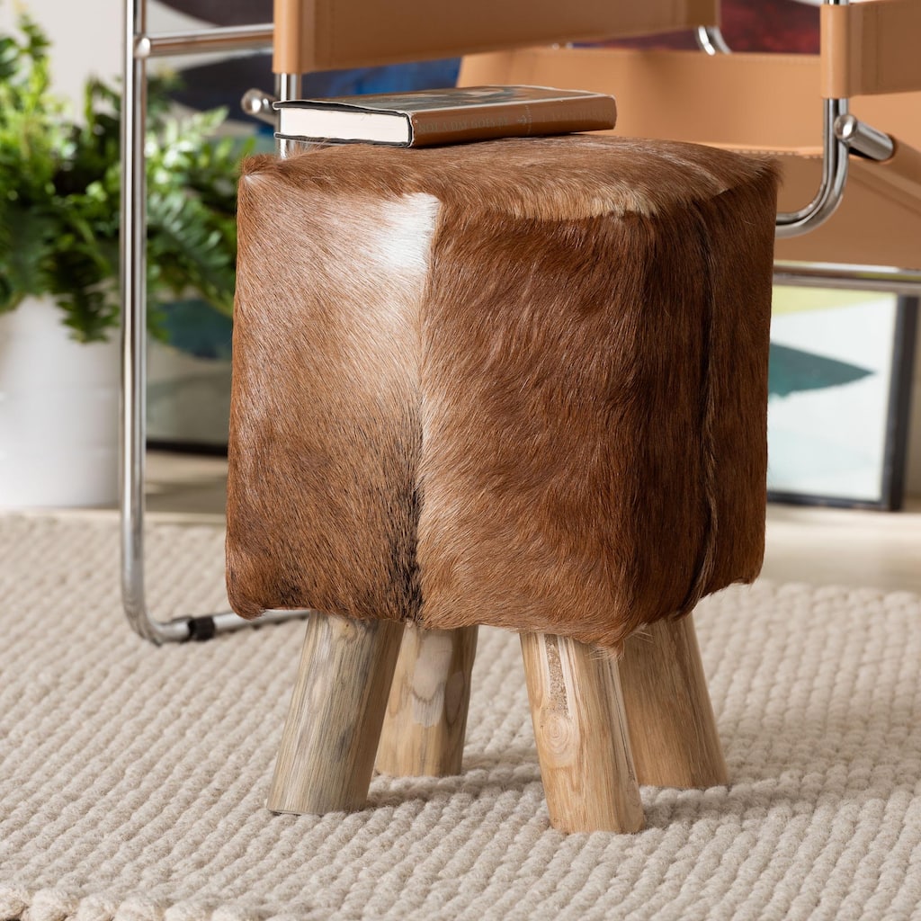 Scotlyn Genuine Goat Leather Footstool with Teak Wood Legs - Rustic Boho Accent with Natural Hide Upholstery, Handmade Footrest
