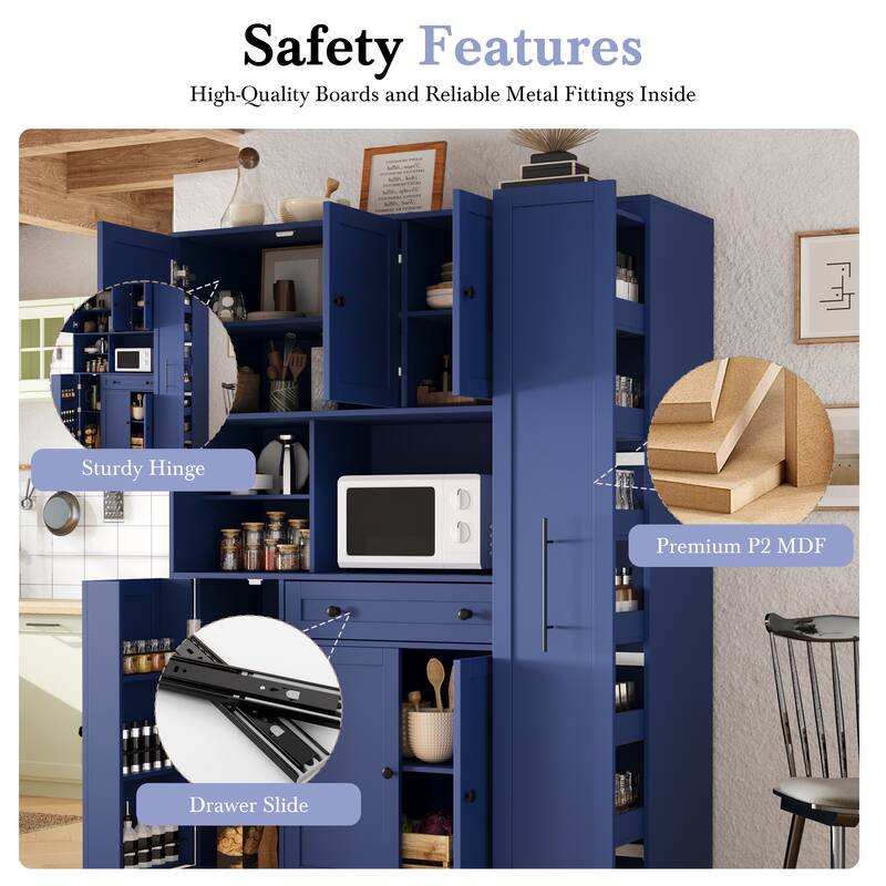 Roomfitters Large Kitchen Pantry Cabinet with Pull-Out Side Storage and Hutch, Shaker Style Buffet