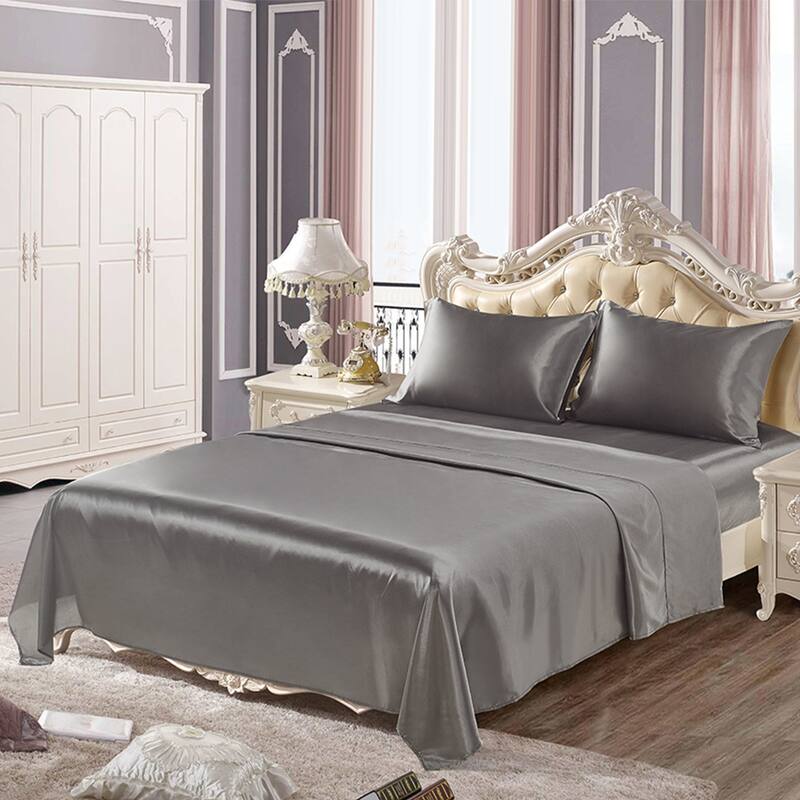 Silky Satin Bed Sheets Set Pillowcase Deep Pocket Flat Fitted Sheet