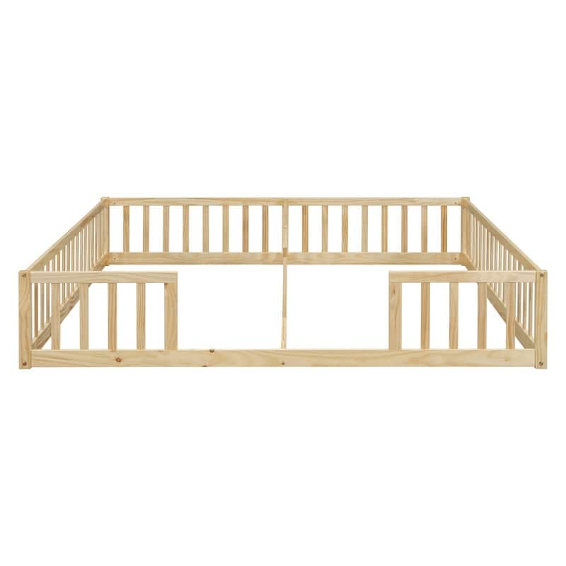 Twin Size Wood Double Floor Bed with Guardrails For Toddlers
