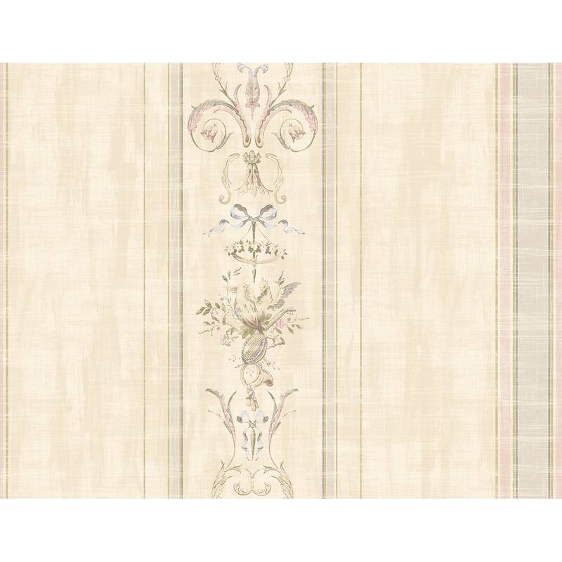 Seabrook Designs Birds & Bows Stripe Unpasted Wallpaper - 27 in. W x 27 ft. L - Metallic Alabaster & Mauve