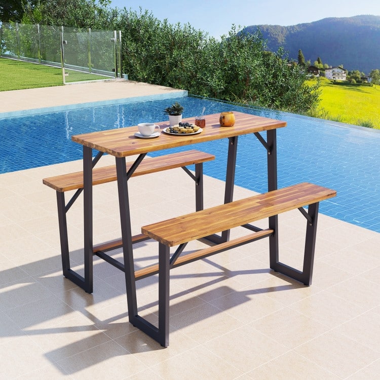 Natural Black Acacia Wood Outdoor Picnic Table with Metal Frame and Benches - 53" × 49.5" × 39.5"