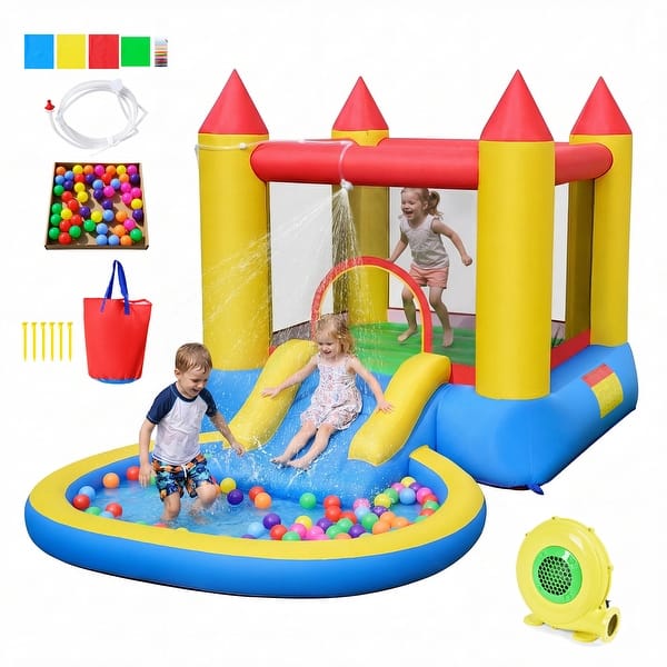 slide 2 of 10, Gymax Inflatable Bounce House Kids Water Park Wet Dry w/ Splash Pool Blue - Kids