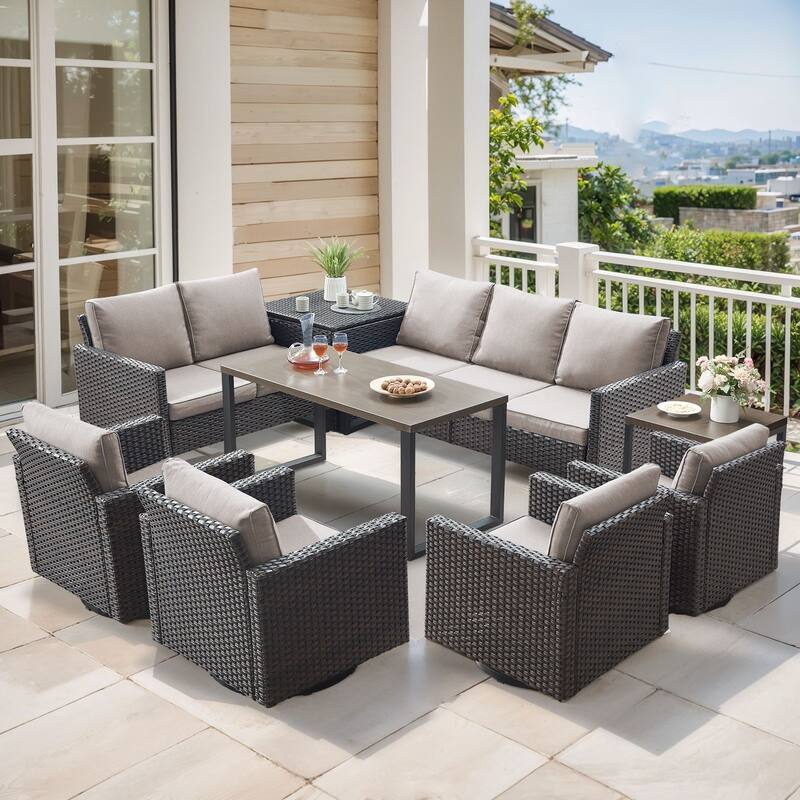 Gymojoy 9 Person Outdoor Courtyard Wicker Family Conversation Set Group With Swivel Chairs And Storage