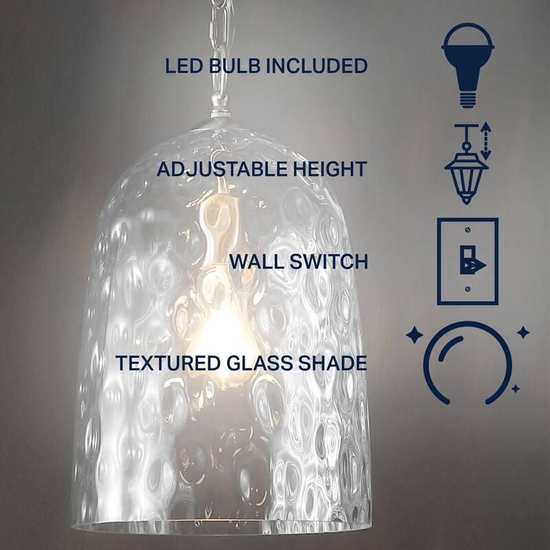 Plains 10" 1-Light Industrial Designer Iron/Dimple Glass Dome LED Pendant, Nickel/Clear by JONATHAN Y