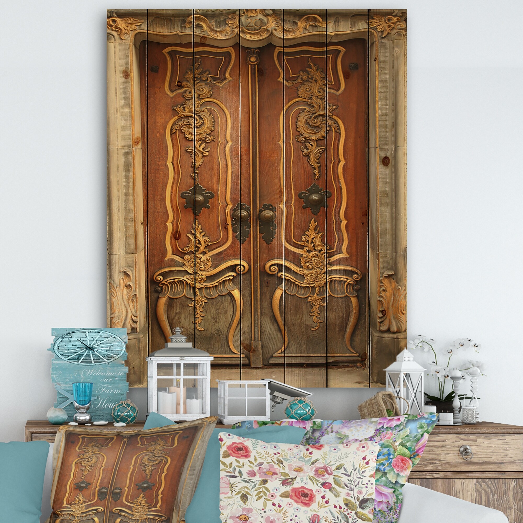 Shop Designart Brown Old Door With Gold Ornaments Vintage Premium Canvas Wall Art Multi Color On Sale Overstock 26064062