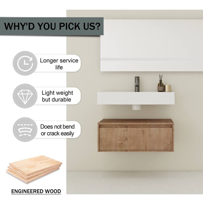 Wall-Mounted Bathroom Vanity with Single Resin Sink, Soft-Close Drawer, Floating Design in Imitative Oak Finish