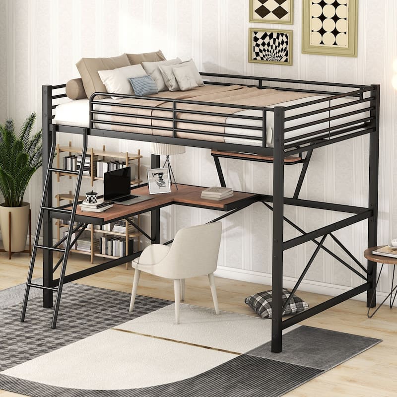Full Size Loft Bed with Desk and Shelf, Black - Black