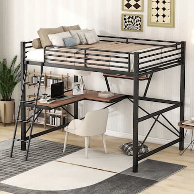 Metal Loft Bed with Desk and Guardrail