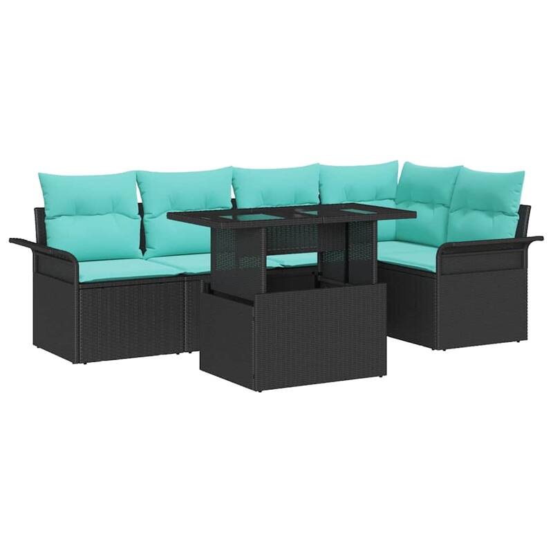 vidaXL 6 Garden Sofa Set with Cushions Black/Brown/Grey Poly Rattan - 95.5 x 52.2 x 27.2