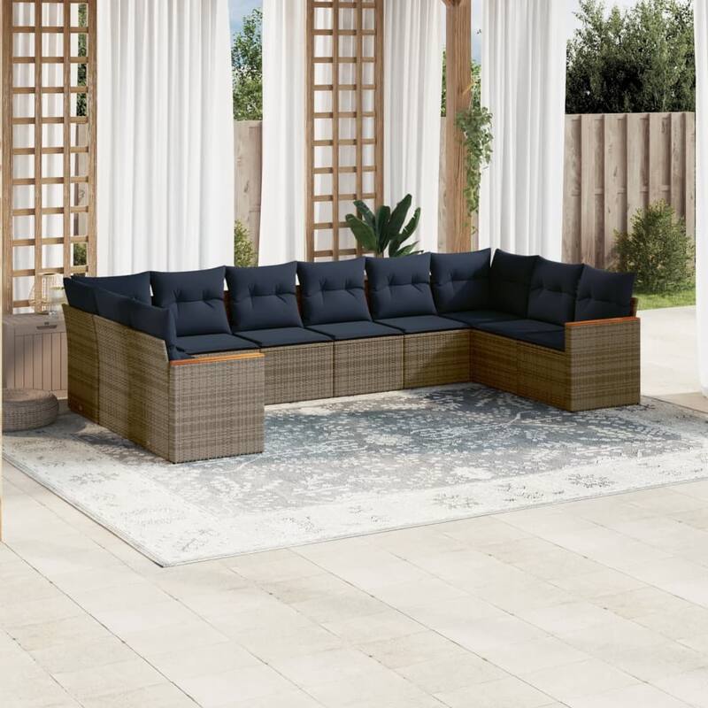 vidaXL 10/11 Piece Patio Sofa Set with Cushions Black/Gray Poly Rattan - 24.4 x 24.4 x 27.2 - Gray Without table
