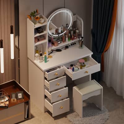 Home Makeup Dressing Table with Stool Vanity Set With Mirror & Lamp