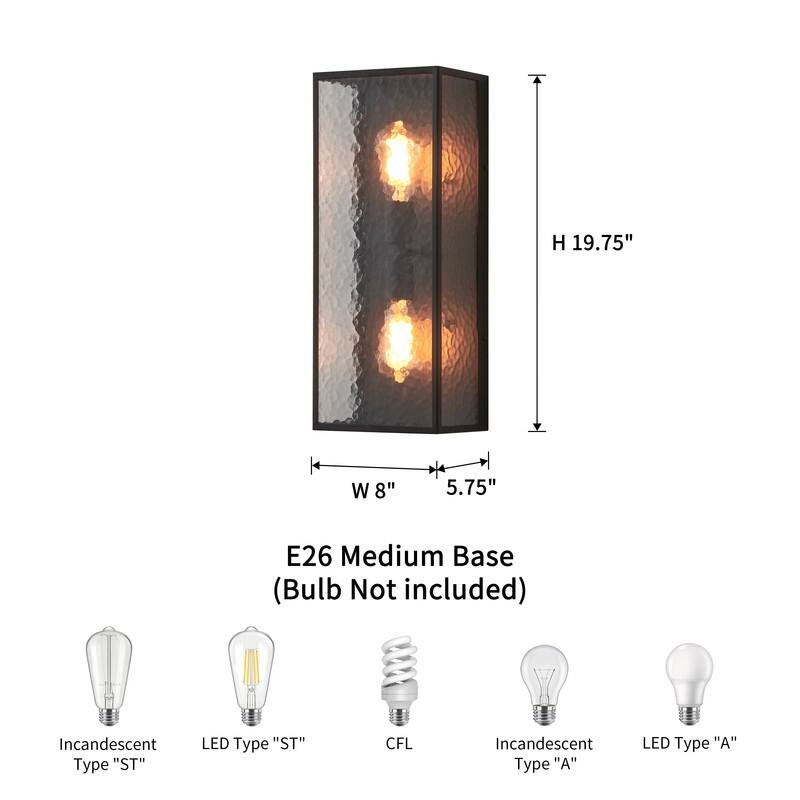 KAWOTI 2-Light Modern Outdoor Wall Sconce with Textured Glass - W8" x H19.75" x D5.75"