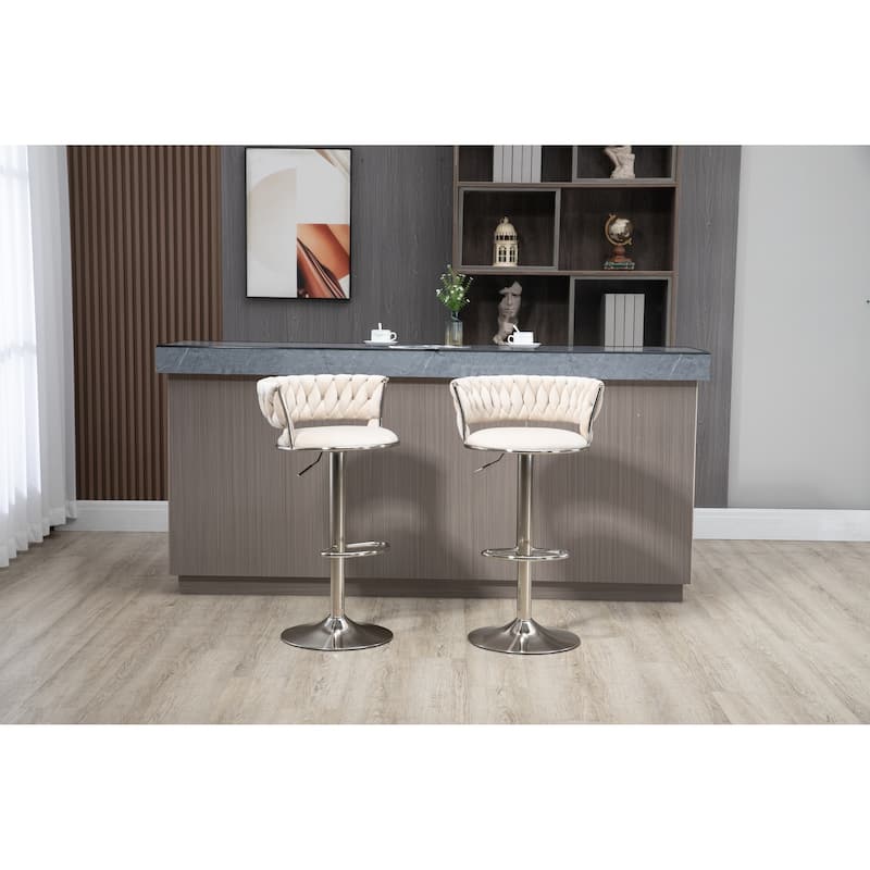 Velvet Swivel Adjustable Height Bar Stools With Sliver Footrest(set of 2) - Ivory