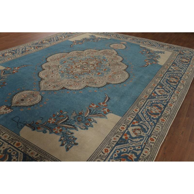 Blue Tabriz Vintage Persian Area Rug Handmade Traditional Wool Carpet - 9'7" x 12'8"