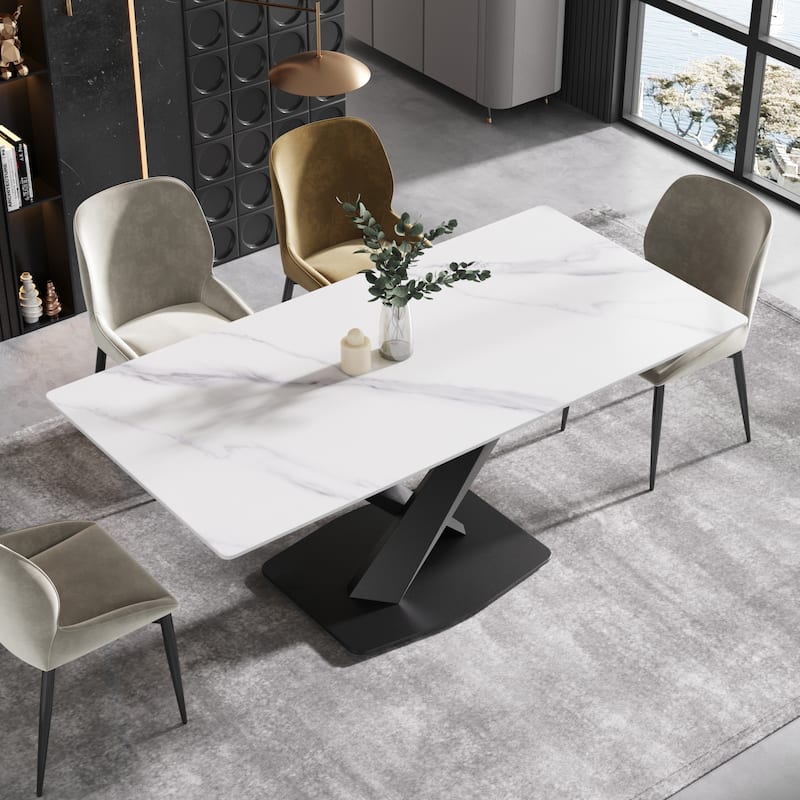 71"Marble Sintered Stone Dining Table with X-Shape Carbon Steel Pedestal - Antique White