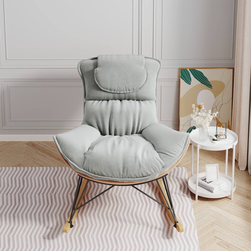 Lazy Rocking Chair with Detachable Cushion, Single Sofa Chair with Solid Wood Base, Glider Rocker with High Back