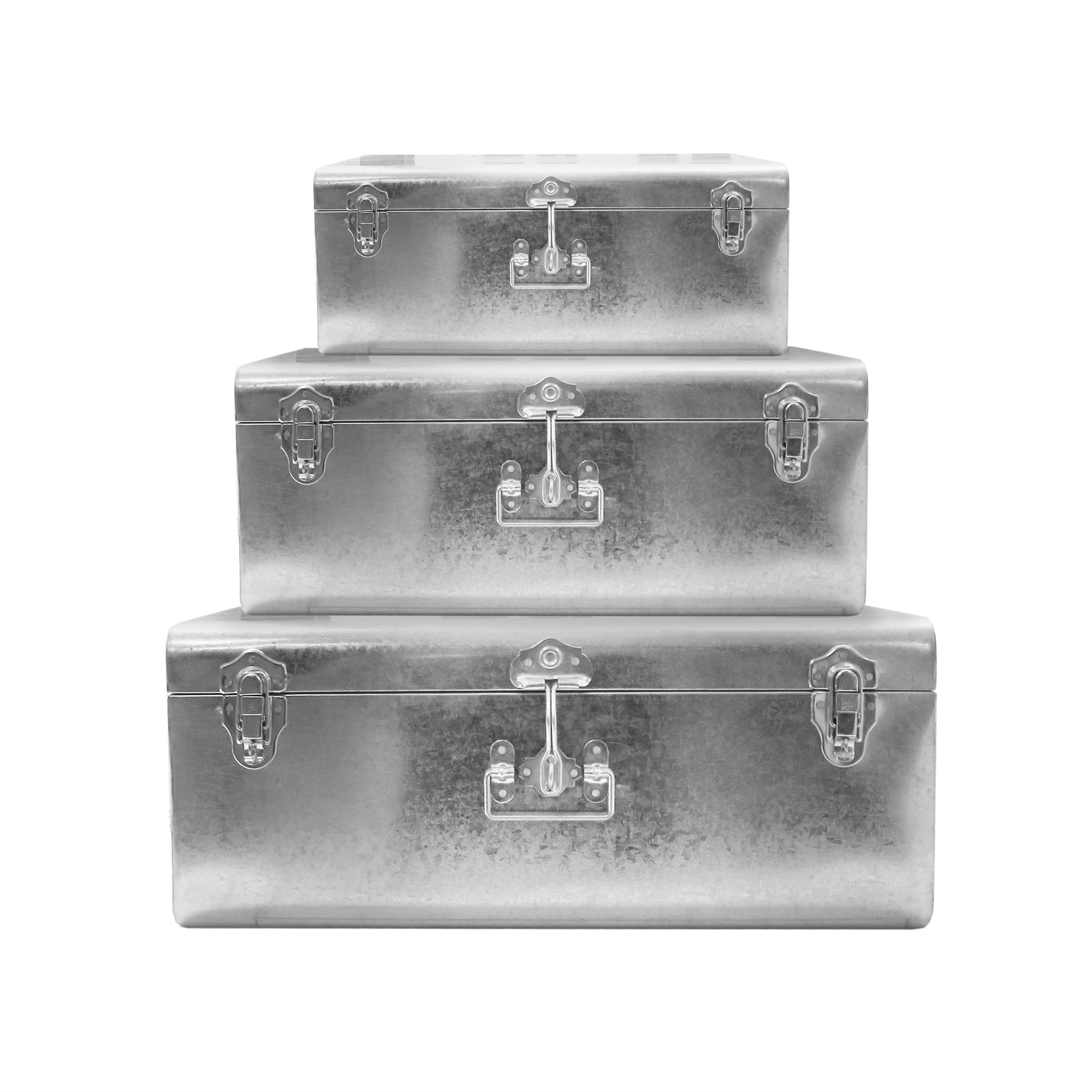 Silver Galvanized Metal Trunks Set Of 3 Vintage Style Storage Space Saving Organizer Home Dorm Office Use Overstock 23058565
