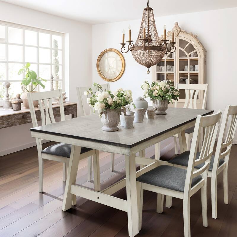64.5" Rectangular Distressed Off White and Rubberwood Dining Table - 29.25" H x 64.57" W x 35.43" D
