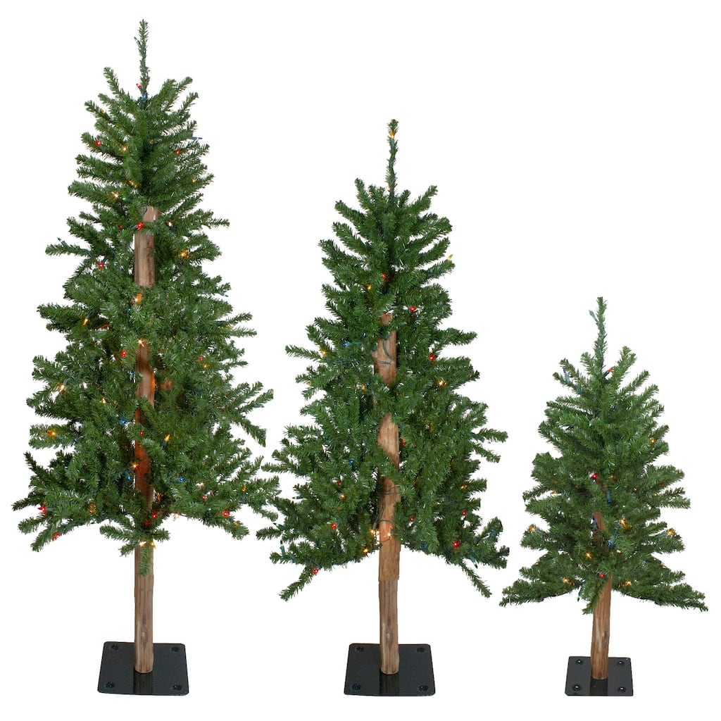 Set of 3 Pre-Lit Slim Alpine Artificial Christmas Trees 5' - Multicolor Lights