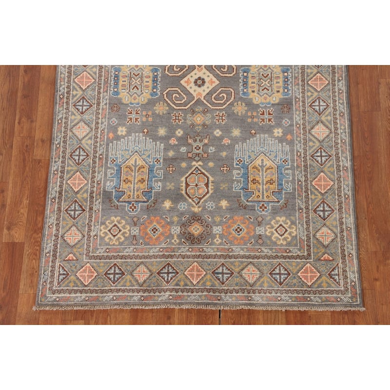 Traditional Kazak Oriental Area Rug Hand-Knotted Grey Wool Carpet - 4'1" x 6'2"