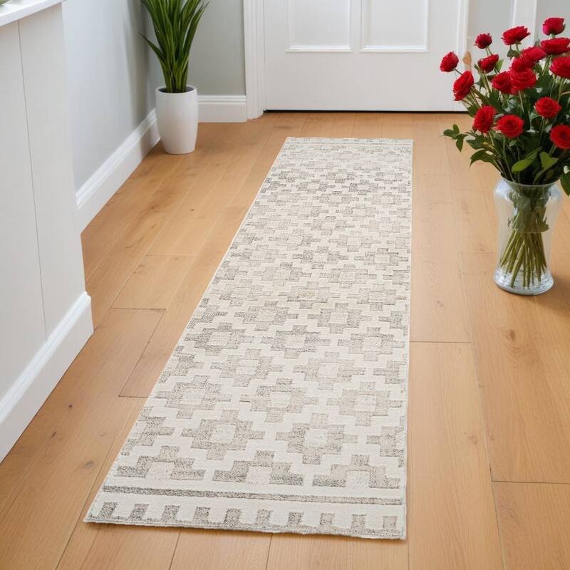 Bizin Distressed Stain Resistant Woven Durable Area Rug By HomeRoots - 2' X 8' - 2' X 8' - Gray and Beige - Rectangle